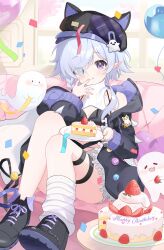 1girl :q absurdres animal_hat argyle_clothes argyle_hat badge balloon bare_shoulders birthday_cake black_bra black_hat black_jacket black_shoes blue_eyes blue_hair blush bra braid button_badge cake cake_slice chinese_commentary clothing_cutout collarbone commentary_request confetti couch cross-laced_shoes cushion exusiai_dust eyes_visible_through_hair food fork fruit full_body ghost ghost_hat_ornament hair_bun hair_over_one_eye happy_birthday hat hat_ornament heart heterochromia highres holding holding_fork holding_plate indoors jacket knees_up licking_lips long_sleeves looking_at_viewer on_couch original plate purple_eyes purple_jacket quilted_jacket ribbed_sweater shoes short_hair_with_long_locks short_sleeves side_braid single_hair_bun single_loose_sock single_sock sitting smile socks solo stomach_cutout strawberry strawberry_cake striped_clothes striped_socks sweater thigh_strap tongue tongue_out turtleneck turtleneck_sweater two-sided_fabric underwear white_socks white_sweater window