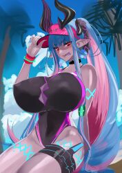 Rule 34 | 1girl, absurdres, bare shoulders, black one-piece swimsuit, blue hair, blue sky, blush, body markings, breasts, cleavage, collarbone, colored skin, covered erect nipples, covered navel, dark-skinned female, dark skin, dragon girl, earrings, fate/grand order, fate (series), grey skin, hair between eyes, hat, highleg, highleg one-piece swimsuit, highres, horns, huge breasts, ibuki douji (fate), ibuki douji (swimsuit berserker) (fate), ibuki douji (swimsuit berserker) (first ascension) (fate), jewelry, licking lips, long hair, looking at viewer, multicolored hair, one-piece swimsuit, oni, palm tree, pink hair, pink hat, pink one-piece swimsuit, pointy breasts, pointy ears, ponytail, red eyes, s4ika, sidelocks, sky, smile, swimsuit, tail, thick thighs, thigh strap, thighs, tongue, tongue out, tree, two-tone swimsuit, visor cap, wristband