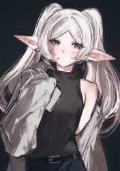 1girl alternate_costume black_shirt blue_pants blush closed_mouth double-parted_bangs elf frieren green_eyes highres jacket long_hair looking_at_viewer moku_(muooku) pants pointy_ears shirt sidelocks single_bare_shoulder sleeveless sleeveless_shirt sleeves_past_fingers sleeves_past_wrists solo sousou_no_frieren twintails upper_body white_hair white_jacket