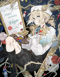 androgynous beret blonde_hair blue_eyes canvas_(object) corset drill_hair drill_ponytail edgar_valden edgar_valden_(golden_ratio) floating flower gold_gloves hat highres holding holding_brush holding_paint_palette holding_paintbrush identity_v paint paint_palette paint_tube paintbrush painting_(action) ponytail puffy_shorts red_flower red_rose rose shorts single_drill sinzourrrrr striped_clothes striped_shorts trap