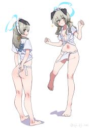 1girl absurdres aji_aji_nori animal_ears ass barefoot blue_archive blue_halo brown_eyes closed_mouth dog_ears fundoshi grey_hair hair_ribbon halo hands_up highres japanese_clothes kneepits long_hair looking_at_viewer multiple_views navel open_mouth ribbon short_sleeves smile sparkle standing umika_(blue_archive) yellow_ribbon