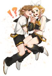 Rule 34 | !?, 1boy, 1girl, bare shoulders, belt, black arm warmers, black leg warmers, black sailor collar, black shorts, blonde hair, blue eyes, commentary request, cosplay, crop top, full body, green eyes, hairband, highres, holding hands, interlocked fingers, kagamine len, kagamine len (cosplay), kagamine rin, kagamine rin (cosplay), korean commentary, leg warmers, link, looking at viewer, midriff, navel, neckerchief, necktie, nintendo, open mouth, pointy ears, princess zelda, sailor collar, shirt, shoes, short hair, shorts, sleeveless, sleeveless shirt, teeth, the legend of zelda, the legend of zelda: tears of the kingdom, upper teeth only, vocaloid, white background, white hairband, white shirt, white shoes, yellow belt, yellow neckerchief, yellow necktie, zeldm