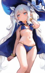 Rule 34 | 1girl, bikini, blue bikini, blue cape, blue eyes, blue hat, bracelet, breasts, cape, closed mouth, commission, feet out of frame, hat, highres, jewelry, long hair, navel, original, pointy ears, simple background, small breasts, solo, standing, swimsuit, twintails, very long hair, wangyq, white background, white hair, witch hat