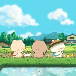 Rule 34 | 3others, animal, architecture, artist name, baby animal, bear, bird, blush, building, bush, chibi, cloud, commentary, day, duck, duckling, east asian architecture, foliage, full body, grass, hat, highres, kocobear, mountainous horizon, multiple others, no humans, original, outdoors, path, plant, reflection, road, sky, solid circle eyes, symbol-only commentary, tree, walking, water