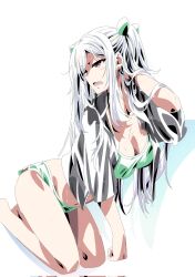 1girl alexia_midgar arm_up ass breasts cleavage commentary commentary_request dutch_angle green_shorts highres kage_no_jitsuryokusha_ni_naritakute! large_breasts legs limited_palette long_hair nakanishi_kazuya open_mouth parted_bangs red_eyes short_shorts shorts solo twintails very_long_hair white_background white_hair
