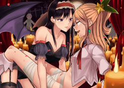 2girls absurdres aihara_mei aihara_yuzu bandages bare_shoulders black_legwear blonde_hair breasts candle candle_wax candlelight citrus_(saburouta) cleavage collarbone commentary demon_wings earrings english_commentary fire frilled_hairband frills from_side garter_straps green_ribbon hair_ornament hair_ribbon hairband halloween halloween_costume high_collar highres inseki jewelry knees_up medium_breasts multiple_girls navel no_bra open_mouth purple_eyes red_hairband ribbon shirt siblings sisters sitting sleeveless small_breasts step-siblings sweatdrop sweet_reverie thighhighs white_legwear white_shirt wife_and_wife wings yuri