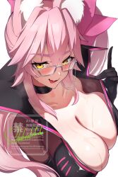 1girl absurdres animal_ear_fluff animal_ears black_bodysuit blush bodysuit bow breasts choker cleavage fate/grand_order fate_(series) fox_ears fox_girl glasses hair_between_eyes hair_bow highres koyanskaya_(assassin)_(first_ascension)_(fate) koyanskaya_(fate) large_breasts long_hair looking_at_viewer pink_bow pink_hair ponytail shafurakafusha sidelocks smile solo sweat tamamo_(fate) tongue tongue_out yellow_eyes