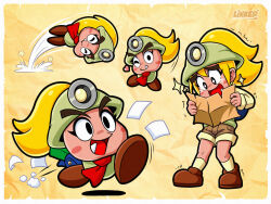 1girl 2023 artist_name ascot backpack bag blonde_hair blue_bag blush_stickers border brown_shoes closed_eyes commentary english_commentary eyelashes fang full_body goombella heart helmet highres holding jumping khaki_pants linker long_sleeves looking_at_viewer map_(object) mario_(series) mining_helmet multiple_views nintendo one_eye_closed open_mouth paper_mario paper_mario:_the_thousand-year_door personification ponytail red_ascot running shirt shoes shorts smile sparkle sparkling_eyes standing tearing_up white_border wink_heart