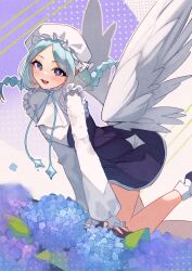 +_+ 1girl angel_wings ascot bare_legs blue_flower blue_hair blue_ribbon braid circle commentary commission english_commentary eyelashes feathered_wings feet_out_of_frame floating_hair flower frilled_headwear frilled_shirt frilled_sleeves frilled_socks frills hands_on_table happy hat high-waist_skirt highres hyanna-natsu light_blush long_hair long_sleeves low_twin_braids miniskirt mob_cap neck_ribbon open_mouth original outline puffy_long_sleeves puffy_sleeves purple_background purple_eyes purple_shoes purple_skirt ribbon shirt shoes skirt sleeves_past_wrists smile socks solo sparkling_eyes table twin_braids two-tone_background white_ascot white_background white_hat white_outline white_shirt white_socks white_wings wings