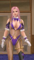 1girl 3d animated blowing_kiss blue_eyes bow bowtie breasts cleavage dead_or_alive dead_or_alive_xtreme dead_or_alive_xtreme_venus_vacation earrings elise_(doa) highres jewelry large_breasts leotard long_hair pink_hair sound tagme video