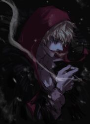 Rule 34 | 1boy, absurdres, black cape, blonde hair, cape, cigarette, dark, donquixote rocinante, feather cape, heart, heart print, highres, holding, holding cigarette, hood, looking at viewer, makeup, male focus, one piece, pink shirt, rokurnshu003, shirt, short hair, smoke, solo, upper body