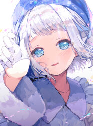Rule 34 | 1girl, beret, blue eyes, blue hat, blush, commentary, fur-trimmed sleeves, fur trim, gakuen idolmaster, gloves, grey hair, half gloves, hand up, hat, highres, idolmaster, katsuragi lilja, looking at viewer, maru51, short hair, sidelocks, smile, solo, upper body, white background, white gloves, white night! white wish! (idolmaster)