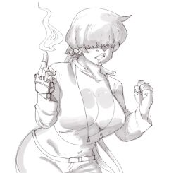1girl 1shermieaday bent_over breasts cleavage earrings female_focus gloves heart jacket jewelry large_breasts leather long_hair long_sleeves open_clothes pale_skin pants ponytail shermie_(kof) the_king_of_fighters thighs