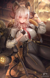 1girl absurdres armband artist_logo bilingual_commentary black_armband black_gloves black_horns black_pants black_tail breasts breasts_apart button_gap chair chest_harness closed_mouth collared_shirt commentary curled_horns demon_tail earrings english_commentary folding_chair gloves grey_hair hair_between_eyes half_gloves hand_up harness high-waist_pants highres horns indoors jewelry key_earrings large_breasts logo long_hair looking_at_viewer luongnights mixed-language_commentary necktie no_bra pants red_eyes red_necktie shield shirt sitting smile solo tail tight_clothes tight_pants wuthering_waves zani_(wuthering_waves)