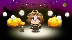 1girl ahoge animal animal_ears ascot black_corset black_dress black_pantyhose breasts brown_hair chibi chibi_only commentary_request corset double-parted_bangs dress ear_covers full_body ghost_ornament grey_hair hair_between_eyes halloween halloween_costume hat highres horse_ears horse_girl horse_tail jack-o&#039;-lantern_ornament lantern large_breasts layered_dress long_sleeves looking_at_viewer marusan_(marusant03) meisho_doto_(dot-o&#039;-lantern)_(umamusume) meisho_doto_(umamusume) multicolored_hair neck_ribbon official_alternate_costume orange_hat orange_ribbon pantyhose pumpkin_hat purple_eyes ribbon short_dress short_hair single_ear_cover solo tail tanuki two-tone_hair umamusume underbust white_ascot