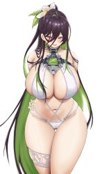 1girl absurdres bikini bluepaint breasts commentary flower goddess_of_victory:_nikke green_hair guilty_(nikke) guilty_(wave_of_disbelief)_(nikke) hair_between_eyes hair_flower hair_ornament highres huge_breasts long_hair looking_at_viewer multicolored_hair navel official_alternate_costume purple_eyes simple_background solo swimsuit two-tone_hair very_long_hair white_background white_bikini