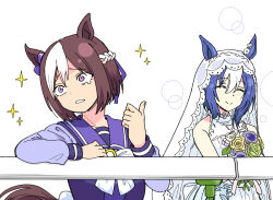 2girls animal_ears back_bow blue_hair bow bowtie braid cesario_(umamusume) collarbone commentary crown_braid crying crying_with_eyes_open dress ear_bow fence hair_ribbon half_up_braid head_tilt horse_ears horse_girl horse_tail long_sleeves medalist_(manga) meme multiple_girls pointing_with_thumb purple_bow purple_eyes purple_ribbon purple_sailor_collar purple_shirt ribbon sailor_collar sanpaku scene_reference school_uniform shirt short_hair smug_inori_(meme) sparkle special_week_(umamusume) taguchi_kenji_(omaep) tail tears tracen_school_uniform umamusume upper_body v_arms wedding_dress white_bow white_bowtie white_hair winter_uniform