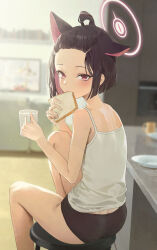Rule 34 | 1girl, absurdres, alternate costume, alternate hairstyle, bangs pinned back, black hair, black panties, blue archive, blurry, blurry background, bread, bread slice, camisole, chair, colored inner animal ears, colored inner hair, commentary request, cup, damcheong, eating, food, from behind, halo, highres, holding, holding cup, holding food, indoors, kazusa (blue archive), looking at viewer, looking back, mug, multicolored hair, no pants, on chair, panties, pink eyes, pink hair, pink halo, plate, sitting, solo, underwear, white camisole