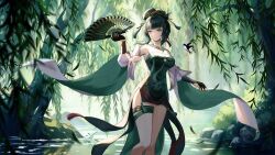1girl bamboo_print bare_legs bare_shoulders bird black_gloves blunt_bangs breasts bush chinese_clothes chinese_commentary chinese_hairpin cleavage commentary detached_sleeves dress earrings feet_out_of_frame folding_fan gloves green_dress green_hair green_theme hair_ornament hair_stick hairclip hairpin hand_fan hanying:_zitherwoe_(pgr) hanying_(pgr) high-low_dress high-low_skirt highres holding holding_fan jade_(gemstone) jewelry leaf lu_jia_yi_jy medium_breasts mole mole_under_eye multiple_hairpins necklace outdoors partially_fingerless_gloves pond print_dress punishing:_gray_raven red_eyes rock short_dress side_slit single_earring solo strapless strapless_dress swallow_(bird) tassel tassel_earrings tessen thigh_strap thighs tree updo war_fan willow