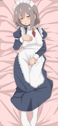 1boy absurdres alternate_costume apron artist_name bambi2000line bed_sheet between_legs blush closed_eyes commentary crossdressing crossdressing_(mtf) enmaided frilled_apron frills from_above grey_hair hair_between_eyes hand_between_legs highres juliet_sleeves long_sleeves lying maid maid_apron maid_headdress male-female_symbol male_focus male_masturbation masturbation no_shoes on_back onii-chan_wa_oshimai! puffy_sleeves senkawa_minato socks solo trap white_apron white_socks wing_collar