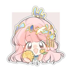 1girl bird bird_hair_ornament blue_collar bouquet braid brown_eyes chibi chinese_clothes chinese_commentary collar commentary_request crane_(animal) cropped_torso eyes_visible_through_hair flower grey_background hair_bun hair_ornament happy holding holding_bouquet holding_flower huizi light_blush long_hair nikki_(nikki) nikki_(series) open_mouth outline pink_hair second-party_source side_braid single_braid single_side_bun smile solo swept_bangs tareme tassel two-tone_background very_long_hair white_background white_outline yellow_flower yunjian