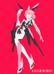 1girl absurdres animal_ears armor blue_eyes bodysuit cinnie_kinnie commentary fox_ears fox_girl full_body high_heels highres holding holding_mask honkai_(series) honkai_impact_3rd mask pink_hair red_background simple_background solo white_bodysuit yae_kasumi yae_kasumi_(neon_shade) yae_sakura