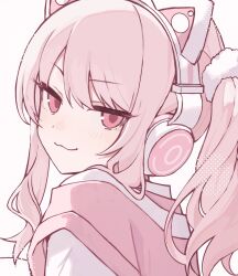 Rule 34 | 1girl, :3, akiyama mizuki, animal ear headphones, animal ears, blush, cat ear headphones, closed mouth, commentary request, derivative work, enka (nacl chica), fake animal ears, headphones, highres, long hair, looking at viewer, pink eyes, pink hair, pink shirt, portrait, project sekai, shirt, simple background, smile, solo, twintails, white background, you are my hero!! (project sekai)