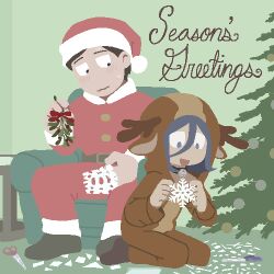 1boy 1other angel_martinez animal_costume antlers bell blue_hair blush bow brown_hair christmas christmas_tree clinical_trial_(game) collar deer_antlers deer_costume hat highres holly homunculus100 horns jingle_bell lee_smith official_art reindeer_costume santa_costume santa_hat scissors snowflakes toon_(style)