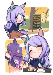 +_+ 1girl :d animal_ears blue_shirt blush bow chibi chibi_only closed_eyes commentary_request cup day ear_ribbon eating fork green_ribbon highres holding holding_fork horse_ears horse_girl horse_tail long_hair long_sleeves mejiro_mcqueen_(umamusume) multiple_views notice_lines open_mouth outdoors outline pointing purple_eyes purple_hair ribbon saucer shirt smile tail teacup tree umamusume warashi white_outline