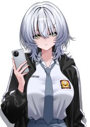 1girl absurdres aldided black_jacket breasts cellphone collared_shirt commentary english_commentary grey_necktie grey_skirt highres holding holding_phone hood hooded_jacket indonesian_high_school_uniform jacket large_breasts necktie open_clothes open_jacket original phone school_uniform shadow shirt shirt_tucked_in simple_background skirt smartphone solo white_background white_hair white_shirt yellow_eyes