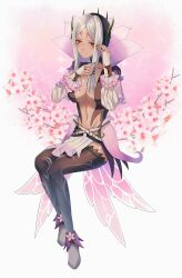1girl absurdres aversa_(fire_emblem) aversa_(resplendent)_(fire_emblem) black_nails breasts dark-skinned_female dark_skin fire_emblem fire_emblem_heroes highres large_breasts lilshironeko midriff nail_polish nintendo thighhighs white_hair