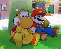 1boy animal blue_eyes blue_overalls boots brown_footwear drinking_straw f.l.u.d.d. facial_hair food fruit grass hat heart highres hoshi_(star-name2000) male_focus mario mario_(series) mustache nintendo on_grass orange_boots orange_yoshi outdoors overalls pianta pineapple red_headwear red_shirt shirt short_sleeves sitting super_mario_sunshine tree tree_shade yoshi