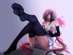 1girl breasts chain cleavage collar dress dressing elbow_gloves feet gloves green_eyes hair_ornament highres ikaros large_breasts multicolored_hair panties pink_hair sidelocks sitting smile solo sora_no_otoshimono strapless strapless_dress thighhighs tomodachi_(tomofanart) two-tone_hair underwear