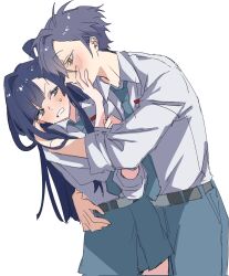 1boy 1girl blue_hair blue_necktie blue_pants blue_skirt blush collared_shirt commentary_request couple daimondai4 grey_eyes hand_on_another&#039;s_hip hetero highres indonesian_commentary indonesian_flag indonesian_high_school_uniform long_sleeves looking_at_another necktie orange_eyes original pants purple_hair school_uniform shirt simple_background sketch skirt sweat swept_bangs v-shaped_eyebrows white_background white_shirt