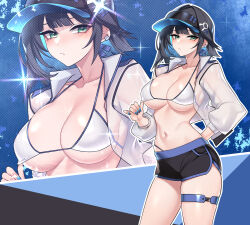 1girl abigail_(black_survival) absurdres bikini black_hair black_hat black_shorts black_survival blue_hair blue_nails breasts cleavage closed_mouth collarbone colored_inner_hair commentary_request dogs_(dlrkdejr26) eternal_return:_black_survival fingernails green_eyes hand_on_own_hip hat highres jacket large_breasts long_sleeves looking_at_viewer medium_hair multicolored_hair multiple_views nail_polish navel open_clothes open_jacket outline puffy_long_sleeves puffy_sleeves see-through_clothes see-through_jacket short_shorts shorts swimsuit thigh_strap thighs white_bikini white_jacket white_outline zoom_layer