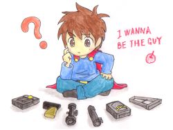 1boy ? apple blouse blue_shirt brown_hair cape copyright_name english_text equipment_layout food fruit gun i_wanna_be_the_guy male_focus poineko_oyasumichuu scope shirt short_hair simple_background sitting solo the_kid weapon white_background