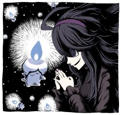 1girl @_@ ahoge black_background black_dress border dress fire gen_5_pokemon hairband hex_maniac_(pokemon) litwick long_hair matsumaruyama messy_hair nintendo open_mouth pokemon pokemon_(creature) pokemon_xy purple_eyes purple_hair simple_background smile turtleneck upper_body white_border