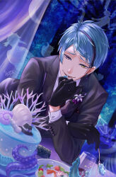 1boy 2nibori2 absurdres alcohol black_gloves black_jacket black_necktie blue_background blue_hair cake cherry_tomato collared_shirt corsage cup drinking_glass earrings food food_on_hand fruit gloves heterochromia highres holding holding_spoon icing jacket jade_leech jewelry male_focus multicolored_hair necktie plate purple_eyes radish sharp_teeth shirt short_hair spoon strawberry streaked_hair teeth tomato twisted_wonderland white_shirt wine wine_glass yellow_eyes