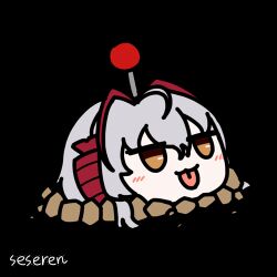 1girl :p animated animated_gif antenna_hair arknights artist_name chibi chibi_only demon_horns grey_hair horns lowres orange_eyes parody partially_buried plants_vs_zombies potato_mine_(plants_vs_zombies) red_horns seseren short_hair simple_background solo tongue tongue_out transparent_background w_(arknights) wis&#039;adel_(arknights)