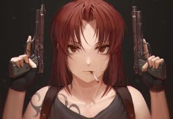 1girl bare_shoulders beretta_92 black_background black_gloves black_lagoon black_shirt brown_eyes brown_hair cigarette collarbone commentary english_commentary fingerless_gloves gloves gun handgun highres holding holding_cigarette holding_gun holding_weapon light_particles long_hair looking_at_viewer numanoan portrait revy_(black_lagoon) shirt shoulder_tattoo sidelocks smoke solo tattoo weapon
