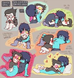 Rule 34 | 1boy, 1other, blue hair, blue skin, colored skin, deltarune, dialogue box, highres, homunculus100, kiss, kris (deltarune), mini person, non-web source, partly clothed, size difference, spamton g. spamton, talking, vaginal