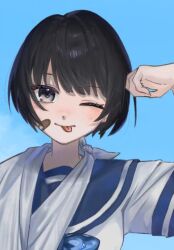Rule 34 | 1girl, ;p, arm sling, arm up, bandaid, bandaid on cheek, bandaid on face, black hair, blue background, blue bow, blue sailor collar, blush, bow, commentary, commission, duoyun de tiankong, grey eyes, looking at viewer, one eye closed, original, sailor collar, school uniform, serafuku, shirt, short sleeves, simple background, skeb commission, solo, tongue, tongue out, upper body, white shirt
