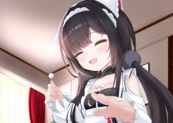 1girl :d ^_^ absurdres apron azur_lane black_hair blunt_bangs blurry blush chang_feng_(azur_lane) closed_eyes clothing_cutout collarbone curtains dress frills hair_ornament highres holding indoors long_hair long_sleeves low_twintails maid mimikaki open_mouth paashe reaching reaching_towards_viewer shoulder_cutout smile solo twintails upper_body window