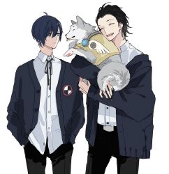 2boys ahoge black_hair black_jacket black_nails blue_hair casual closed_mouth cowboy_shot dog fingernails grey_eyes highres jacket koromaru_(persona) male_focus meimei_hituzi mochizuki_ryouji multiple_boys persona persona_3 shirt short_hair simple_background smile tongue white_background white_shirt yuuki_makoto_(persona_3)