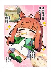 1girl ahoge animal_ears beach blunt_bangs blush brushing_teeth chibi chibi_only closed_eyes commentary_request dress forest full_body green_jacket green_slippers highres holding holding_toothbrush horse_ears horse_girl horse_tail jacket long_hair long_sleeves nature open_clothes open_jacket orange_hair outline pink_background plover silence_suzuka_(umamusume) slippers sparkle tail toothbrush translation_request umamusume white_dress white_outline