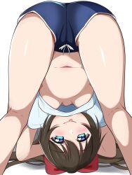 1girl blue_eyes borgbutler breasts brown_hair highres looking_at_viewer love_live! love_live!_nijigasaki_high_school_idol_club no_bra osaka_shizuku shirt simple_background smile solo tongue underboob upshirt white_shirt