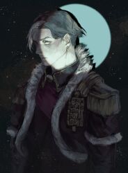 1boy black_hair black_jacket earrings emet-selch epaulettes final_fantasy final_fantasy_xiv fur-trimmed_jacket fur_trim garlean highres jacket jewelry male_focus multicolored_hair searchlight short_hair solo stusoup third_eye two-tone_hair upper_body yellow_eyes