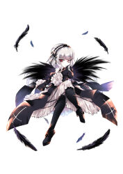 Rule 34 | 1girl, absurdres, black dress, black pantyhose, dress, feathers, full body, hairband, highres, majinno, pantyhose, red eyes, rozen maiden, skirt, solo, suigintou, white hair