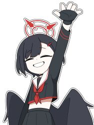 1girl absurdres arm_up black_gloves black_hair black_shirt black_skirt black_wings blue_archive burlap_farming closed_eyes collared_shirt commentary_request eyelashes fingerless_gloves gloves hair_ornament hairclip halo highres ichika_(blue_archive) long_sleeves midriff neckerchief outline red_halo red_neckerchief sailor_collar school_uniform serafuku shirt short_hair simple_background skirt smile solo white_background white_outline white_sailor_collar wings
