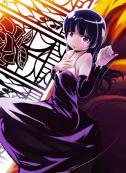 1girl black_hair detached_sleeves dress dutch_angle female_focus gokou_ruri hand_on_own_chest kubocha kubota long_hair lying mole mole_under_eye on_back ore_no_imouto_ga_konna_ni_kawaii_wake_ga_nai pinky_out purple_eyes solo string string_of_fate